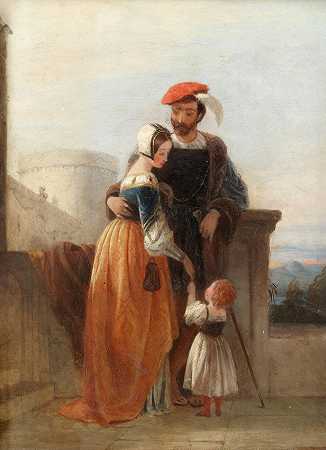 William Powell Frith圈，RA 一对年轻夫妇带着一个小孩，穿着古装在风景中