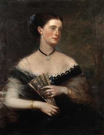 理查德·巴克纳 风景中一位女士手持东方扇子的肖像