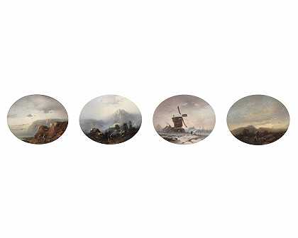 无 题 四幅大陆景观图，每幅8.6 x 10.8cm，均为椭圆形，框在一起
