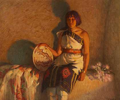 约瑟夫·亨利·夏普 Leaf Down-Taos印第安女孩20 x 24英寸框架27 1/4 x 31 1/4英寸