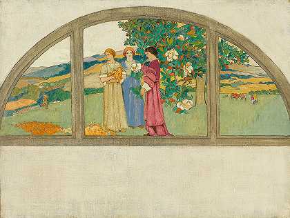 露西亚·克莱因汉斯·马修斯 三个女人站在窗户里24 1/4 x 32英寸框架32 x 40英寸