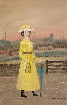 海伦·布拉德利 黄裙女士27 x 18 cm。