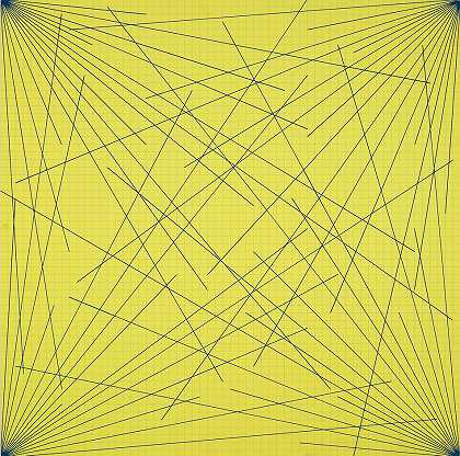 索尔·莱维特 板1，从颜色上的彩色线条从角边和中心到网格上的特定点