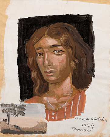 伊阿尼斯·萨鲁奇斯 多米尼克的肖像，带有26 x 21厘米的小景观。
