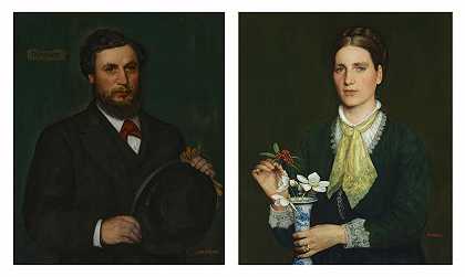 爱德华·罗伯特·休斯，R.W.S。 托马斯·韦伯（Thomas Webb）的肖像，戴着黑色帽子和伊丽莎白·韦伯的肖像，手里拿着一瓶花