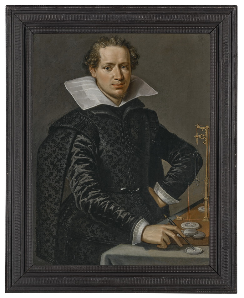 FLEMISH SCHOOL，CIRCA 1615，一位商人珠宝商的肖像，半身，穿着黑色紧身上衣，带有化验秤| 一位商业珠宝商的肖像，半身，穿着黑色紧身上衣，带有化验秤