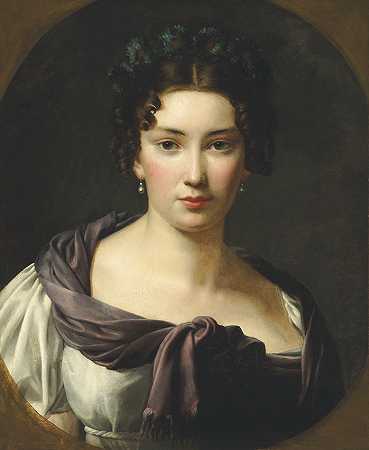 皮埃尔·路易斯·德拉瓦尔圈 一位女士的肖像，传统上称为Flora，胸围，身穿白色连衣裙和紫色披肩，假椭圆形