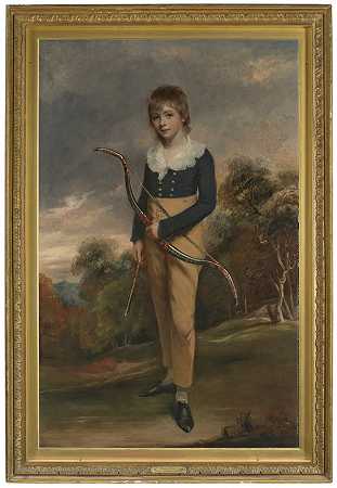 归因于马丁·阿切尔 怀特大师的肖像，全身，身穿蓝色夹克，大领，黄色马裤，手持弓箭，在公园景观中