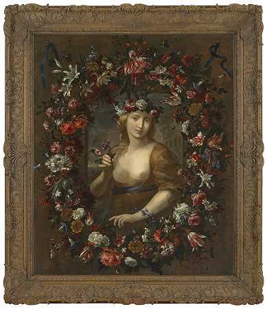 归因于乔瓦尼·斯坦奇 Flora女士的肖像，半身，花朵环绕