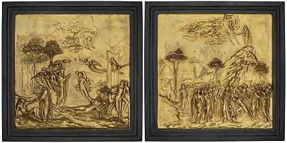 两块来自天堂之门的意大利镀金浮雕面板，可能出自佛罗伦萨的马里内利铸造厂，以洛伦佐·吉贝蒂的名字命名 可能由佛罗伦萨的马里内利铸造厂以现代的洛伦佐·吉伯蒂命名
