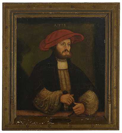 安东·沃恩萨姆 一位戴着红帽子的绅士在窗台前的肖像，半身