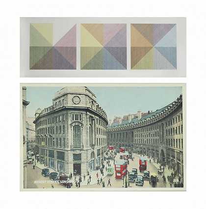 索尔·莱维特 丽晶街每张半方形明信片中三个不同颜色的方形，带图纸