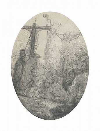 伦勃朗·哈曼斯。莱茵河的 基督被钉在两个小偷之间：一个椭圆形的盘子