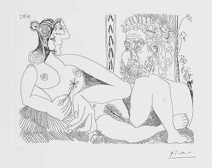 巴勃罗·毕加索 带花朵和胡须的女性肖像，带有Degas de Profile，发件人：Sries 156
