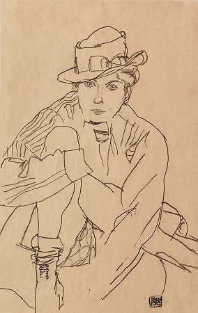 戴帽子的坐着的女人-Sitzende Frau mit Hut