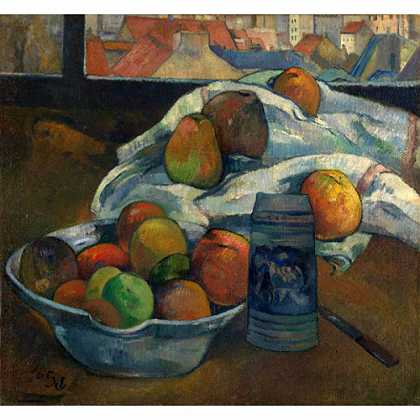 《在窗口前的水果、碗和啤酒杯》高更1890年绘画作品赏析