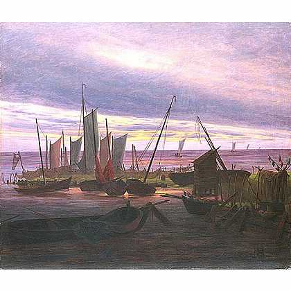 《夜晚港口的小船》弗里德里希1828年绘画作品赏析