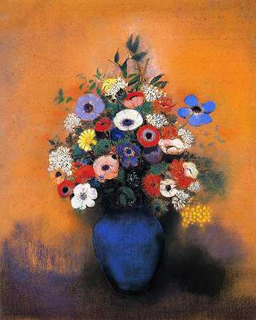 《蓝色花瓶里的含羞草、银莲花和枝叶》花卉绘画赏析
