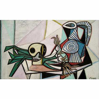 《头盖骨、韭葱和水罐的静物画》毕加索1945年绘画作品赏析