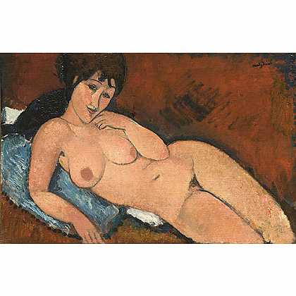 《躺在蓝靠垫上的裸女》蒙地利亚尼1917年绘画作品赏析