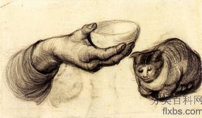 《拿着碗的手和一只猫》梵高绘画作品赏析