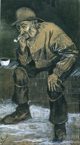 《穿着长布雨衣坐在管道上的渔夫》梵高绘画作品赏析
