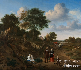 《一对夫妇带着两个孩子和一位女佣看风景的肖像》肖像绘画赏析