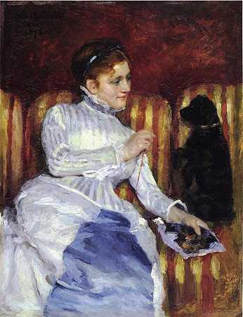 《条纹与狗的女人（也被称为条纹沙发上的年轻女子与她的狗）》肖像绘画赏析