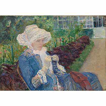 《在马利花园里编织的莉蒂亚》卡莎特1880年绘画作品赏析