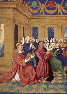《艾蒂安骑士（1410-74） 和他的保护人向圣母和圣子致敬》历史绘画作品赏析