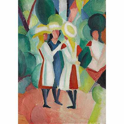 《戴黄色草帽的三个女孩》马尔克1913年绘画作品赏析