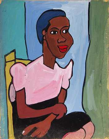 《穿粉色衬衫坐在黄色椅子上的女人》肖像绘画作品赏析