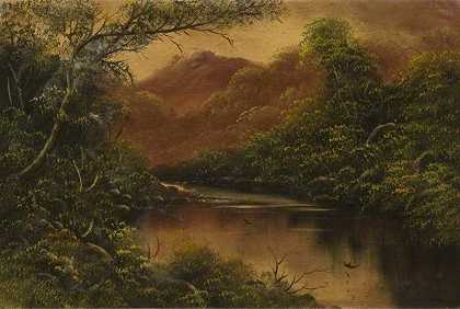 《河景与山和树》风景油画作品赏析