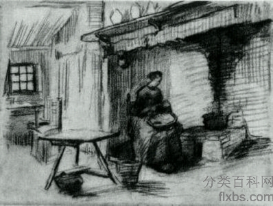 《室内坐在壁炉旁的农妇》梵高绘画作品赏析