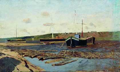 《伏尔加河的驳船》风景油画作品赏析