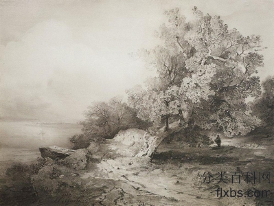 《在河流悬崖上的老橡树》风景油画作品赏析