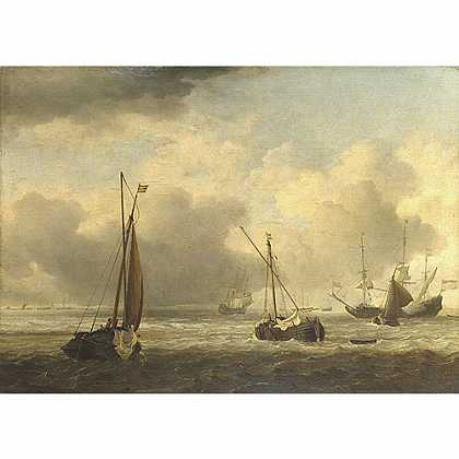 《微风中离岸的荷兰船只和小船》范德维德1660年绘画作品赏析