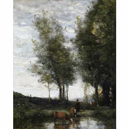 《池塘边牧牛的女人》柯罗1865年绘画作品赏析