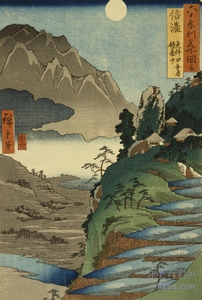 《九台山和月亮倒映在稻野省萨拉希纳的稻田里，在60多个省的著名景点中排第25位》风景油画作品赏析