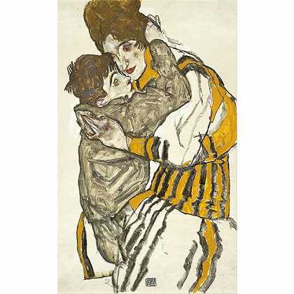 《席勒的妻子和她的小侄子》席勒1915年绘画作品赏析