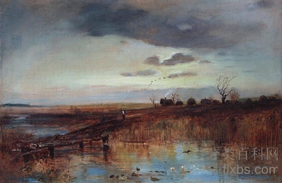 《秋季，河边的村庄》风景油画作品赏析