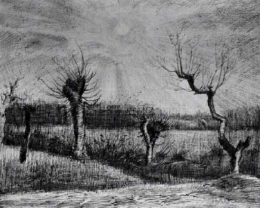 《柳树和阳光透过云层的景观》梵高绘画作品赏析