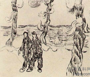 《两个在带有松树的路上行走的男人》梵高绘画作品赏析