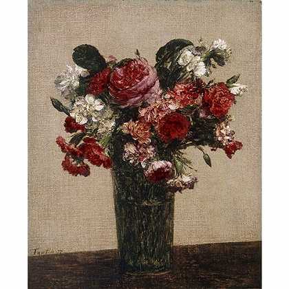 《玻璃瓶中的玫瑰和翠菊》方汀1858年绘画作品赏析