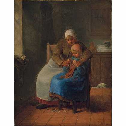 《编织教导》米勒1860年绘画作品赏析