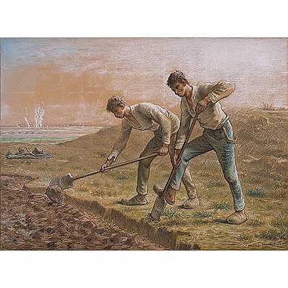 《两男子正翻锄土壤》米勒1866年绘画作品赏析