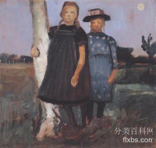 《白桦树干旁的两个女孩》人物画作品赏析