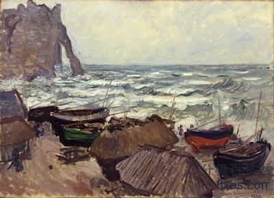 《埃特尔塔沙滩上的渔船》风景油画作品赏析