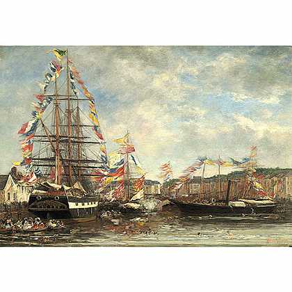 《翁夫勒港口节》布丹1858年绘画作品赏析