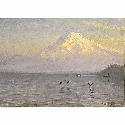 《雷尼尔山的渔民景观》比斯塔特年绘画作品赏析
